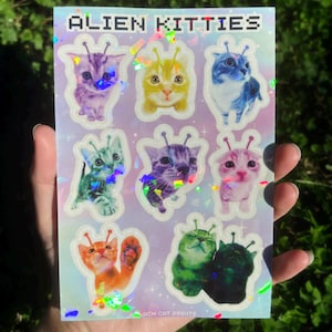 Alien Cat Sticker Sheet - Alien Animal Sticker Sheet, Kawaii Alien Kitty Sticker Sheet, Kittyycore Vinyl Decal Sheet, Cute Cat Sticker Sheet Holographic