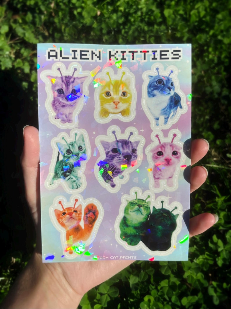 Alien Cat Sticker Sheet - Alien Animal Sticker Sheet, Kawaii Alien Kitty Sticker Sheet, Kittyycore Vinyl Decal Sheet, Cute Cat Sticker Sheet Holographic