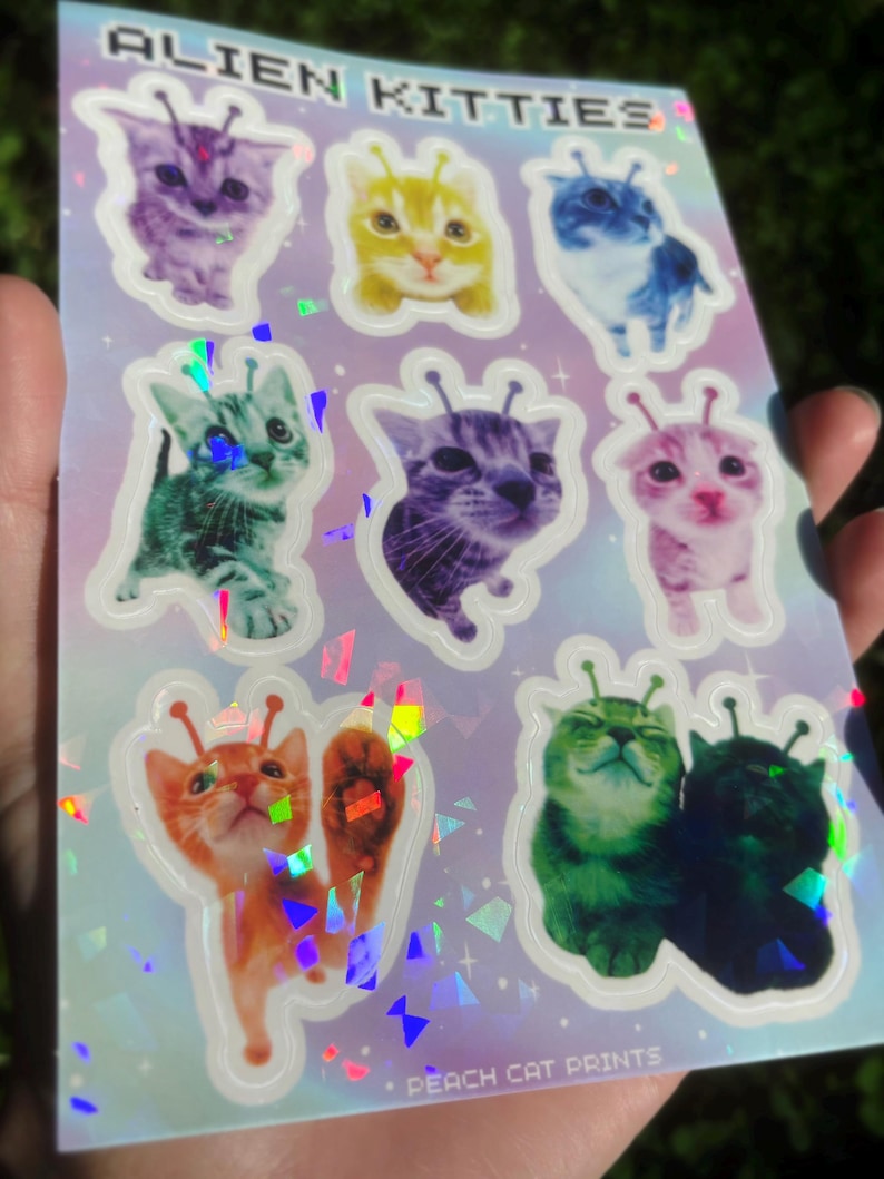 Alien Cat Sticker Sheet - Alien Animal Sticker Sheet, Kawaii Alien Kitty Sticker Sheet, Kittyycore Vinyl Decal Sheet, Cute Cat Sticker Sheet image 4