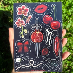 Gothic Romance Sticker Sheet: Dark Romance Stickers, Femme Goth Stickers, Pomegranate Art, Victorian Gothic Aesthetic Glossy