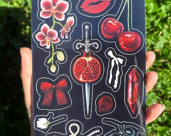 Gothic Romance Sticker Sheet: Dark Romance Stickers, Femme Goth Stickers, Pomegranate Art, Victorian Gothic Aesthetic
