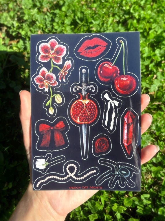 Gothic Romance Sticker Sheet: Dark Romance Stickers, Femme Goth Stickers, Pomegranate Art, Victorian Gothic Aesthetic