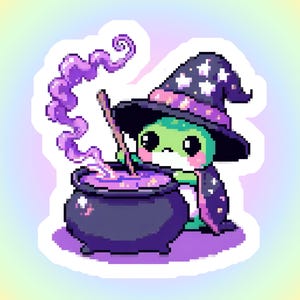 Sticker grenouille sorcière remuant un chaudron - sticker grenouille holographique sorcière, crapaud Pixel Art rétro, chapeau de sorcier magique mignon Kawaii pixélisé 8 bits