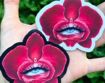 Sticker orchidée yeux rouges : sticker fleur d'orchidée surréaliste, art floral gothique oeil, sticker orchidée fantaisie, cadeau esthétique romantique sombre