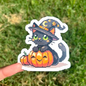 Cat Witch Vinyl Sticker - Holographic Black Cat Sticker, Pixel Art Halloween Kitty Pumpkin, Spooky Black Cat Decal, Witchy Autumn Animals