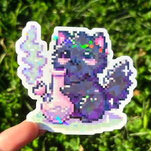 Black Cat Smoking a Bong Sticker - Holographic Pixel Art Stoner Kitty, Weed Marijuana Cannabis Pot Gifts for Weed Smoker, Kawaii Cute Decal