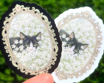 Vintage smokingkattklistermärke: Vinyldekal med Cottagecore-katt, romantisk blommig kattkonstklistermärke, mjuk gotisk smokingkattklistermärke