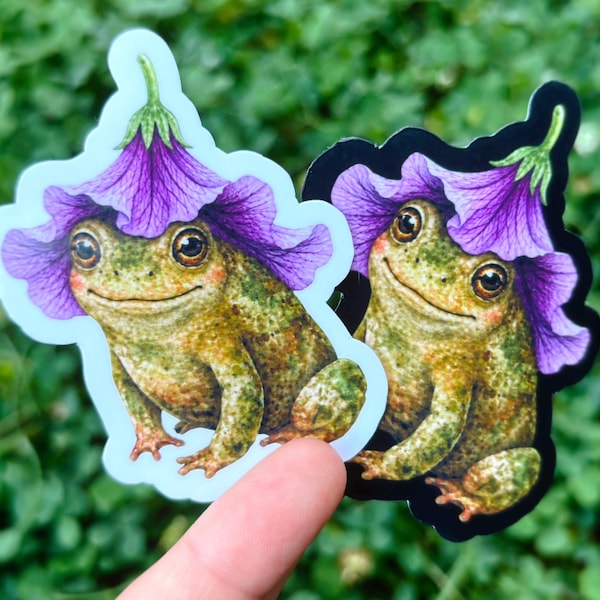 Flower Frog Sticker: Purple Flower Hat Toad, Cute Cottagecore Frog Sticker