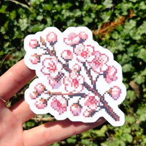 Sticker branche fleur de cerisier, sticker Sakura Pixel Art, sticker fleur Sakura mignon, sticker prunier en fleurs rose, sticker fleur de pêcher