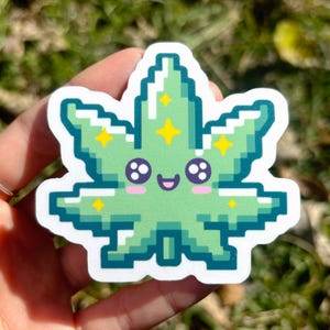 Sticker feuille de marijuana mignon - Sticker mauvaise herbe pixel art, sticker plante mauvaise herbe kawaii, sticker pot girly, adorable idée cadeau pour une fille stoner