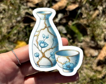 Kintsugi Sake Set Sticker - Pretty Holographic Ceramic Sake Bottle Sticker, Beautiful Japanese Pottery Sticker Floral Porcelain Sake Sticker