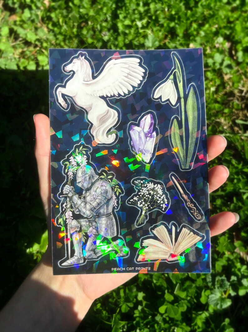 Pegasus Knight Sticker Sheet - Illustrated Dark Fantasy Sticker Sheet, Whimsical Medieval Sticker Sheet, Girl Knight Sticker Sheet image 3