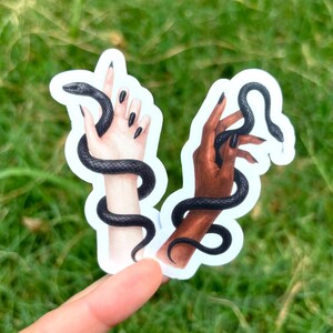 Ensemble d'autocollants charmeur de serpent - Lot de 2 autocollants illustrés gothiques, autocollant serpent gothique, joli vinyle autocollant gothique, mains tenant un sticker serpent