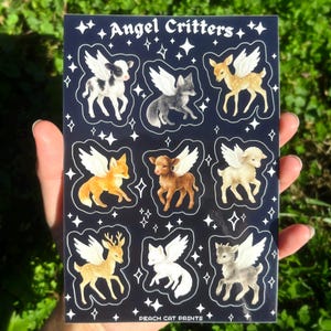Angel Critters Sticker Sheet - Creepy Cute Sticker Sheet, Angel Wings Animal Sticker Sheet, Angelic Sticker Sheet, Angel Vinyl Stickers