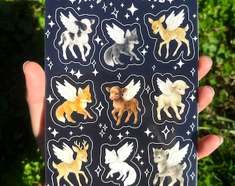 Angel Critters Sticker Sheet - Creepy Cute Sticker Sheet, Angel Wings Animal Sticker Sheet, Angelic Sticker Sheet, Angel Vinyl Stickers
