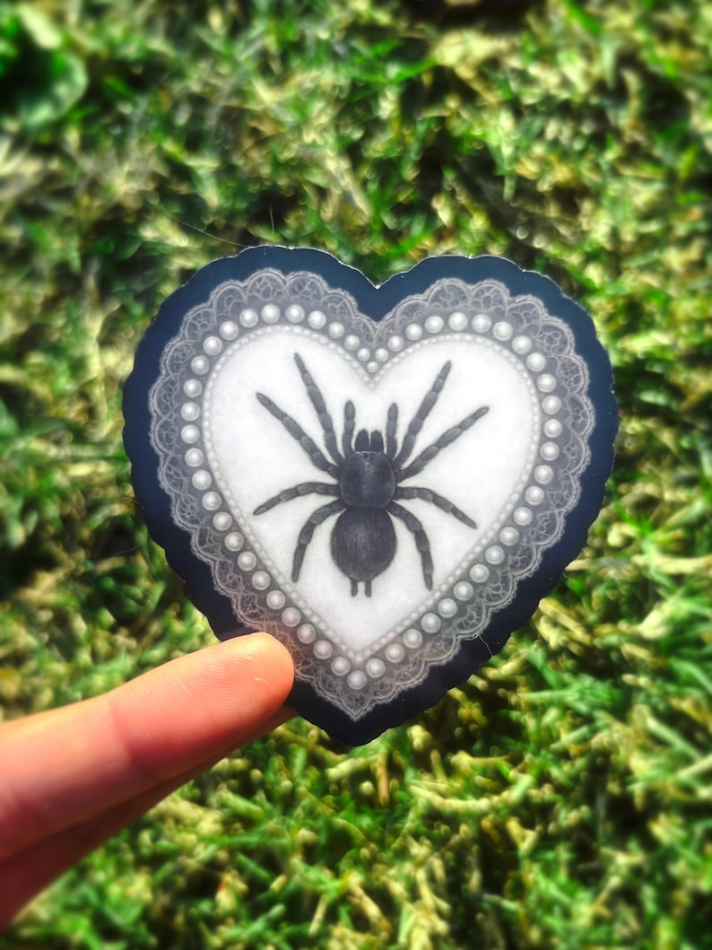 May include: A heart-shaped sticker with a black tarantula illustration. The design features a white background, a pearl border, and a dark blue lace trim. The sticker is held against a blurred green background.