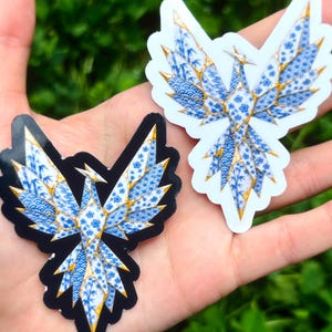 Kintsugi Phoenix Sticker: Blue White Porcelain Bird, Origami Phoenix Sticker, Fantasy Bird Gift, Rebirth Symbol