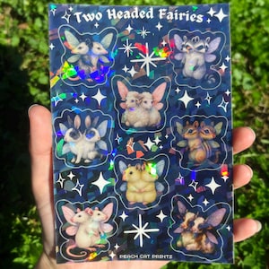 Two Headed Fairies Sticker Sheet - Creepy Cute Sticker Sheet, Weird Animal Sticker Sheet, Kawaii Horror Sticker Double Headed Animal Sticker Holographic