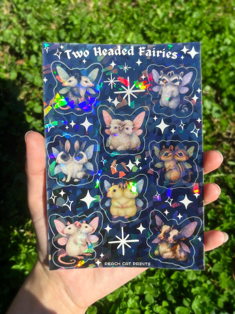 Two Headed Fairies Sticker Sheet - Creepy Cute Sticker Sheet, Weird Animal Sticker Sheet, Kawaii Horror Sticker Double Headed Animal Sticker Holographic