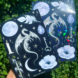 Celestial Dragon Sticker Sheet: Moon Fantasy Aesthetic, Gothic Witchy Stickers, Ethereal Medieval Dragon Decals zdjęcie 5