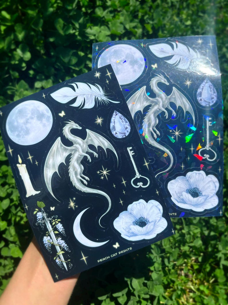 Celestial Dragon Sticker Sheet: Moon Fantasy Aesthetic, Gothic Witchy Stickers, Ethereal Medieval Dragon Decals zdjęcie 5