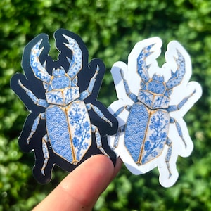 Kintsugi Stag Beetle Sticker: Blue Porcelain Beetle Decal, Origami Insect Sticker, Kintsugi Bug Sticker, Japanese Inspired Vinyl Sticker