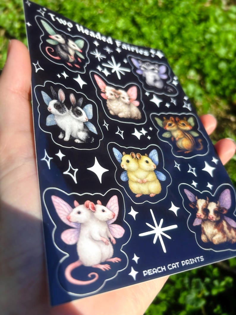 Two Headed Fairies Sticker Sheet - Creepy Cute Sticker Sheet, Weird Animal Sticker Sheet, Kawaii Horror Sticker Double Headed Animal Sticker image 2