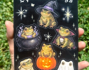 Halloween groda klistermärkesark: Läskiga grodor, söta häxa, vampyr, spöke, padda klistermärken