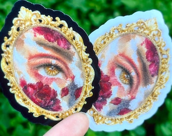 Romantic Honey Brown Eye Sticker: Soft Gothic Watercolor Art Sticker, Vintage Gold Frame Decal, Dark Feminine Floral Sticker