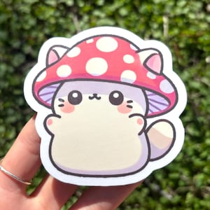 Sticker chat champignon mignon - kitty champignon champignon rouge kawaii, sticker chat champignon chibi, adorable idée cadeau pour les amoureux des chats