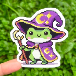 Cute Pixel Art Frog Wizard Vinyl Sticker - Kawaii Animal Froggy Ribbit Magic Pixelated 8 Bit Witch Warlock Toad