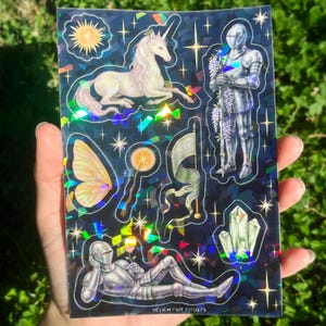 Hoja de pegatinas de caballero medieval - Hoja de pegatinas de fantasía oscura ilustrada, hoja de pegatinas medievales caprichosas, hoja de pegatinas de chica caballero imagen 3