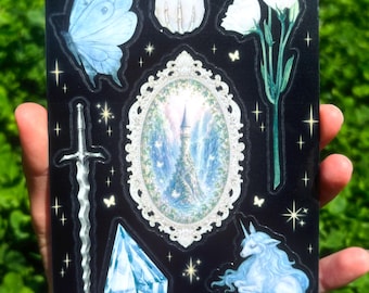 Hoja de pegatinas de la Torre Mágica: Hoja de pegatinas de fantasía, pegatinas medievales Fairycore, calcomanías de unicornio y espada de cristal.