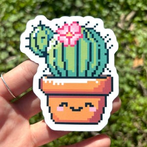 Sticker cactus mignon, sticker plante d'intérieur pixel art, sticker cactus en pot terre cuite, sticker plante d'intérieur, sticker plante à fleurs adorable