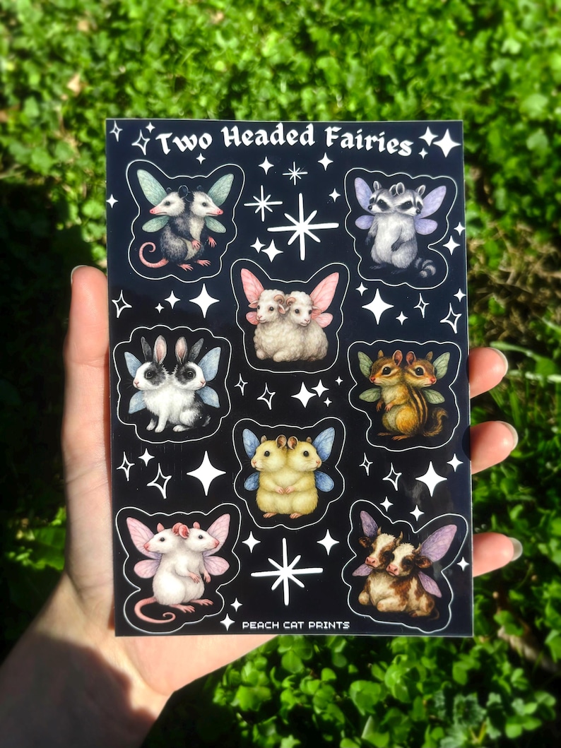 Two Headed Fairies Sticker Sheet - Creepy Cute Sticker Sheet, Weird Animal Sticker Sheet, Kawaii Horror Sticker Double Headed Animal Sticker Glossy