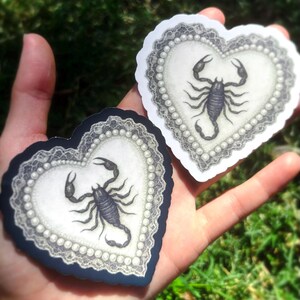 Pu&ograve; includere: Due adesivi a forma di cuore con una dettagliata illustrazione di uno scorpione nero. Ogni adesivo ha un centro bianco con un bordo perlato e un bordo in pizzo decorativo. Un adesivo ha un bordo blu navy, l'altro un bordo bianco.