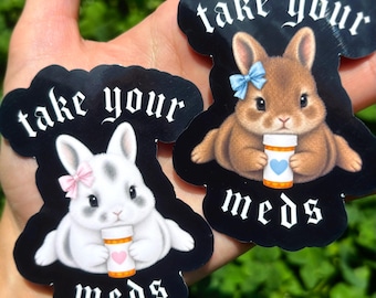 Pegatina de conejito "Toma tus medicamentos": pegatina recordatoria de medicación, pegatina de conejo adorable, pegatina de salud mental, regalo de conejito gótico