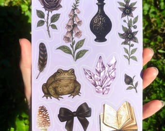 Witchy Toad Illustrated Vinyl Sticker Sheet - Dark Sticker Sheet, Eclectic Sticker Sheet, Aesthetic Filler Stickers, Weird Girl Sticker