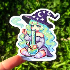 Witch Smoking a Bong Vinyl Sticker - Holographic Witch Sticker, Pixel Art Witchy Decal, Green Weed Marijuana Cannabis Pot, Cute Cozy Gaming