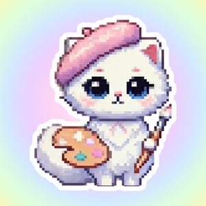 Artist Kitty Vinyl Sticker - Cute Pixel Art Cat Decal, Gifts for Artists and Cat Lovers Kawaii Pixelated Artistic Cat, Chibi Animal Artwork