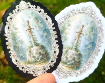 Sword in the Stone Sticker: Medieval Fantasy Decal, Enchanted Forest Sword Art, Romantic Fantasy Cottagecore Sticker