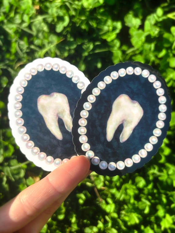 Gothic Tooth Sticker: Creepy Cute Dental Art, Pearl Frame Sticker, Pastel Goth Medical Aesthetic Decal