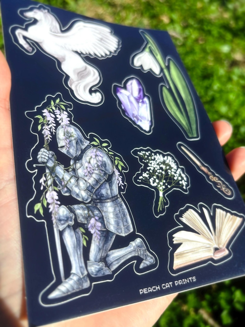 Pegasus Knight Sticker Sheet - Illustrated Dark Fantasy Sticker Sheet, Whimsical Medieval Sticker Sheet, Girl Knight Sticker Sheet image 2