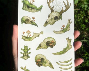 Animal Bones Sticker Sheet - Moss Covered Bones Sticker Sheet, Oddity Sticker Sheet, Macabre Sticker, Cottagecore Skeleton Sticker Sheet