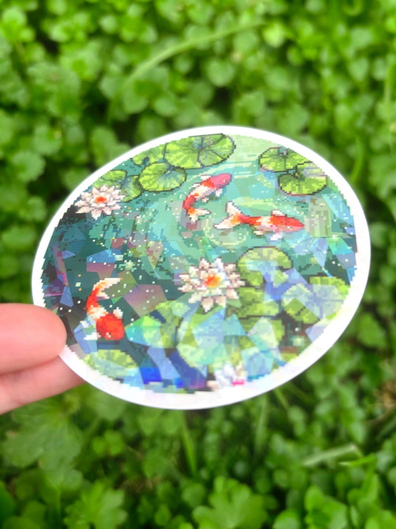 Koi Fish Pond Sticker - Pixel Art Koi Fish Sticker, Koi Pond Sticker, Pretty Koi Vinyl Decal, Lily Pad Sticker, Beautiful Koi Sticker image 2