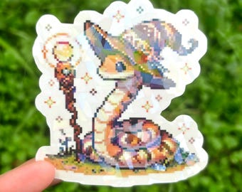 Snake Witch Vinyl Sticker - Holographic Snake Sticker, Cute Pixel Art Serpent Wearing a Hat, Kawaii Reptile Decal, Witchy Fall Autumn Magic