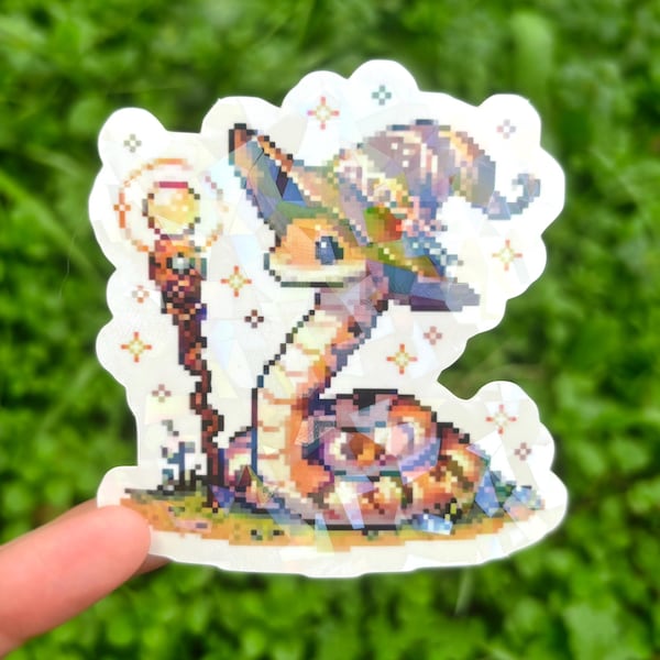 Snake Witch Vinyl Sticker - Holographic Snake Sticker, Cute Pixel Art Serpent Wearing a Hat, Kawaii Reptile Decal, Witchy Fall Autumn Magic
