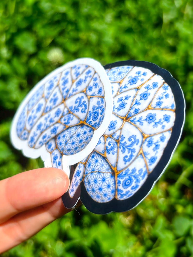 Kintsugi Brain Sticker: Porcelain Anatomy Art, Neuroscience Sticker, Psychology Gift, Blue White Ceramic Brain Decal, Medical Student Gift image 3