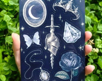 Hoja de pegatinas de fantasía gótica: Estética de luna plateada, pegatinas de espada y corona medievales, pegatinas góticas celestiales