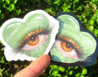 Pegatina de corazón de salvia: pegatina estética para ojos, pegatinas verde salvia, pegatina de ojo surrealista, espeluznante y adorable.